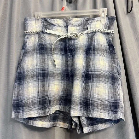 REFORMATION Rossi paper bag Shorts Blue Plaid 100% Linen not original belt - Picture 4 of 16